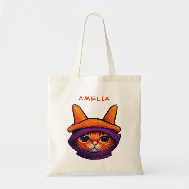 Orange Cat Purple Witch Hat Fantasy Halloween  Tote Bag (Front)