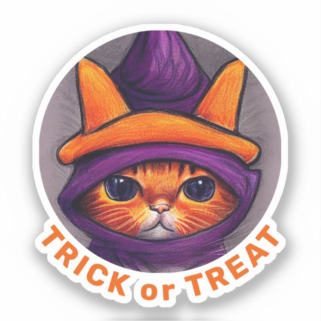 Orange Cat Purple Witch Hat Trick Treat Halloween (Front)