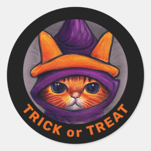 Orange Cat Purple Witch Hat Trick Treat Halloween  Classic Round Sticker