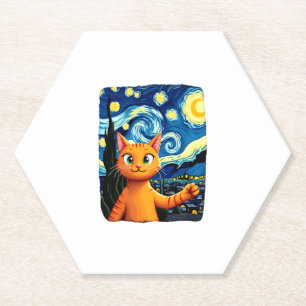 Orange Cat Selfie  Starry Night Cat Mom Cat Lovers Paper Coaster