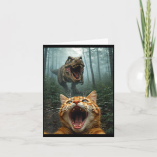 Orange Cat Selfie with T-Rex Dinosaur Funny Men Card
