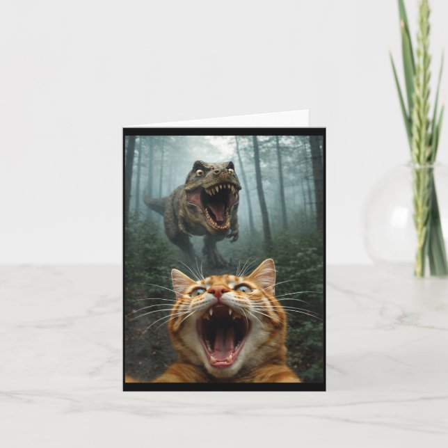 Orange Cat Selfie with T-Rex Dinosaur Funny Men Card (Front)