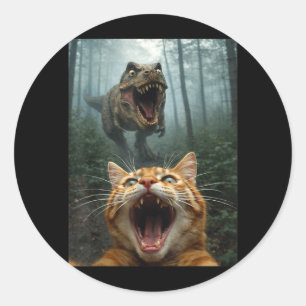Orange Cat Selfie with T-Rex Dinosaur Funny Men Classic Round Sticker