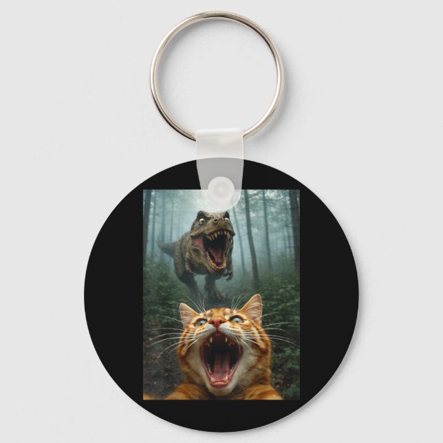 Orange Cat Selfie with T-Rex Dinosaur Funny Men Key Ring (Front)