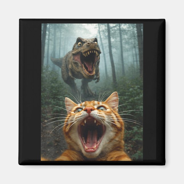 Orange Cat Selfie with T-Rex Dinosaur Funny Men Magnet (Front)