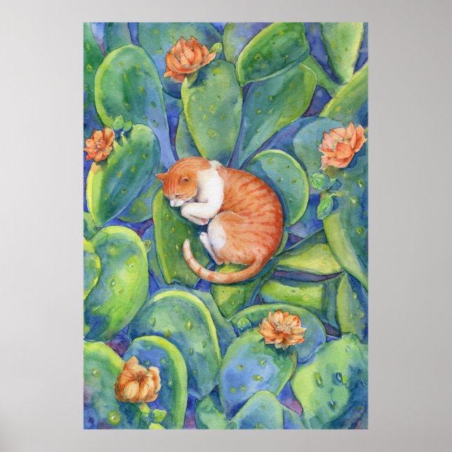 Orange Cat Sleeping Among Prickly Pear Cacti Art Poster (Front)