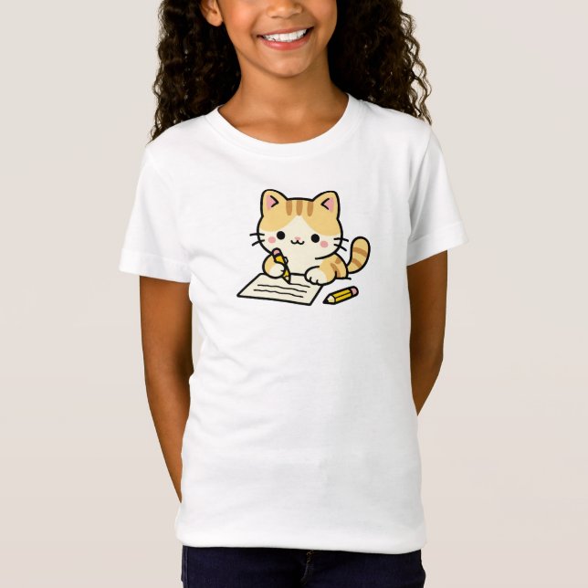 Orange Cat Studying and Writing Book T-Shirt (Front)