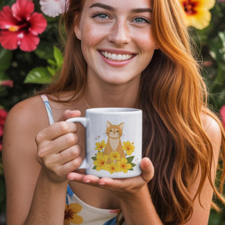 Orange Cat Surrounded by Yellow Hibiscus Flowers Coffee Mug