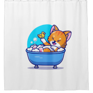Orange cat taking bath funny cute shower curtain