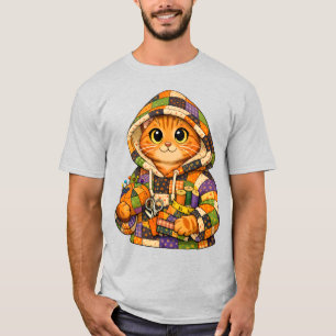 Orange cat wearing upcycled quilt hoodie T-Shirt