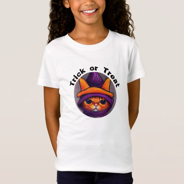 Orange Cat Witch Hat Trick or Treat Halloween T-Shirt (Front)