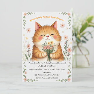 Orange Cat with a Bouquet of Flowers Invitation