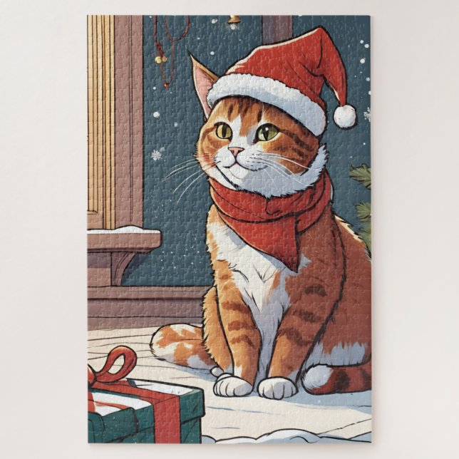 Orange cat with Christmas hat cute animal pet  Jigsaw Puzzle (Vertical)