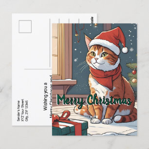 Orange cat with Christmas hat cute animal pet Postcard