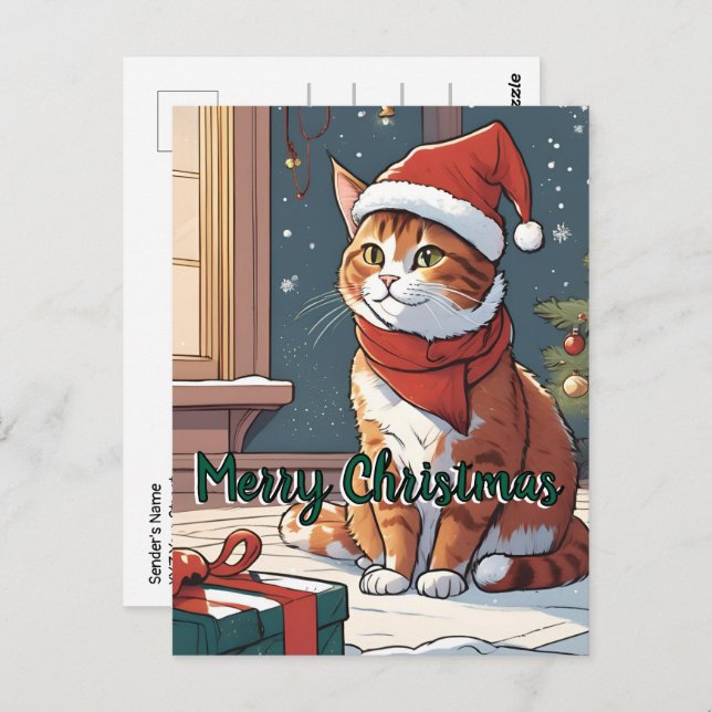 Orange cat with Christmas hat cute animal pet  Postcard (Front/Back)