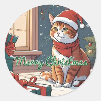 Orange cat with Christmas hat cute Pet Animal Classic Round Sticker