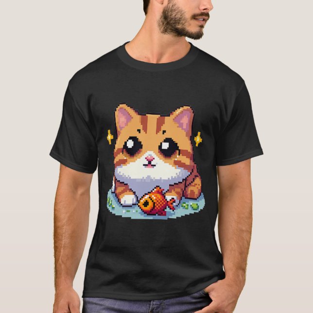 Orange cat with fish pixelart T-Shirt (Front)