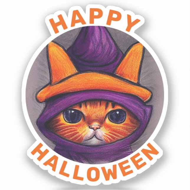Orange Cat with Purple Witch Hat Halloween (Front)