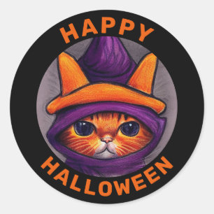 Orange Cat with Purple Witch Hat Halloween Classic Round Sticker