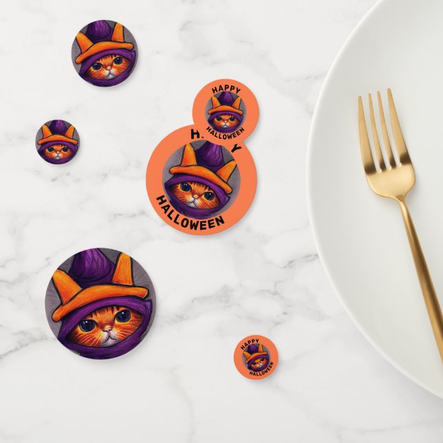 Orange Cat with Purple Witch Hat Halloween Party Confetti (Group)