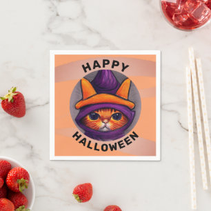 Orange Cat with Purple Witch Hat Halloween Party Napkin