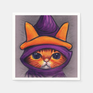 Orange Cat with Purple Witch Hat Halloween Party Napkin