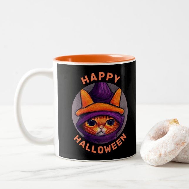 Orange Cat with Purple Witch Hat Halloween Two-Tone Coffee Mug (With Donut)