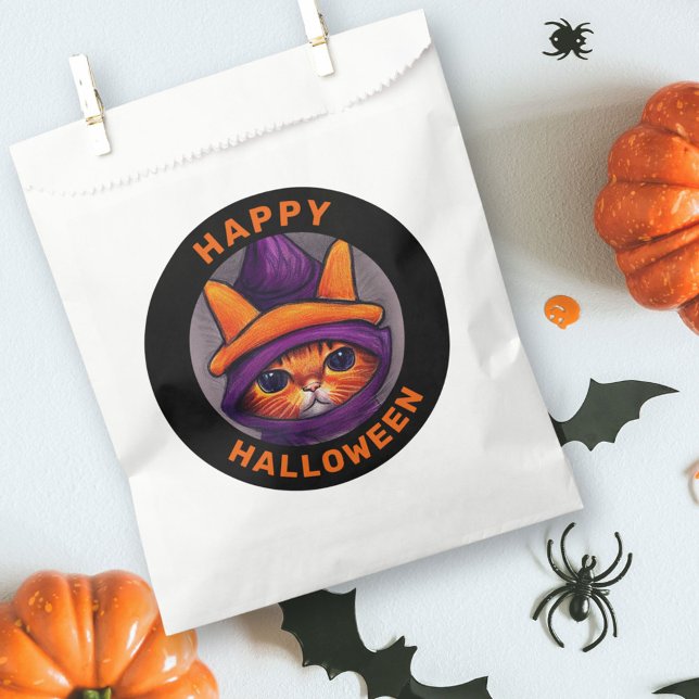Orange Cat with Purple Witch Hat Happy Halloween Favour Bags (Creator Uploaded)