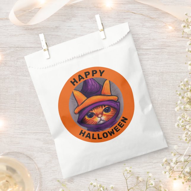 Orange Cat with Purple Witch Hat Happy Halloween Favour Bags (Clipped)