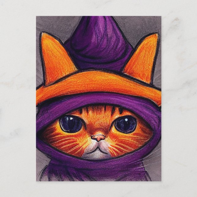 Orange Cat with Purple Witch Hat Happy Halloween  Holiday Postcard (Front)