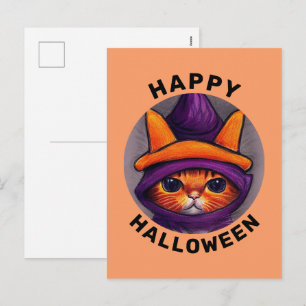 Orange Cat with Purple Witch Hat Happy Halloween Holiday Postcard