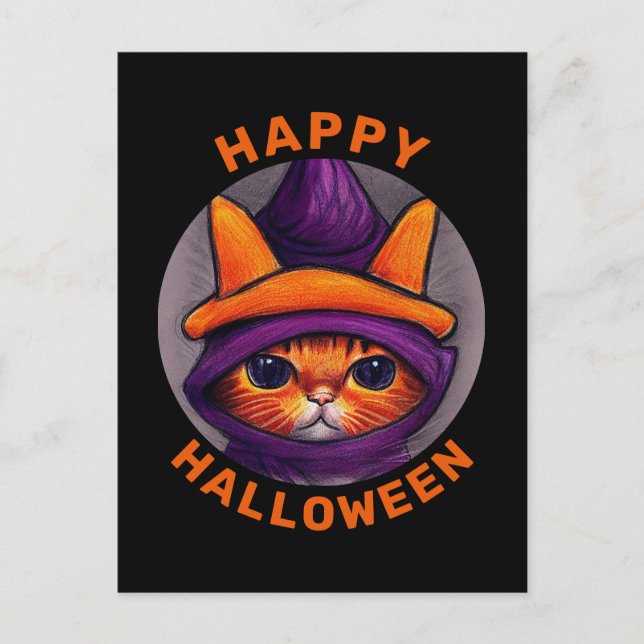 Orange Cat with Purple Witch Hat Happy Halloween  Holiday Postcard (Front)