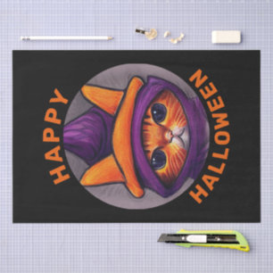 Orange Cat with Purple Witch Hat Happy Halloween  Tissue Paper