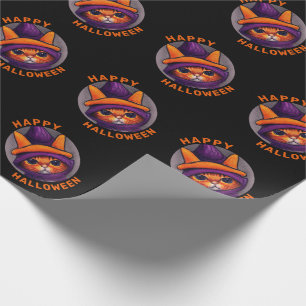 Orange Cat with Purple Witch Hat Happy Halloween Wrapping Paper