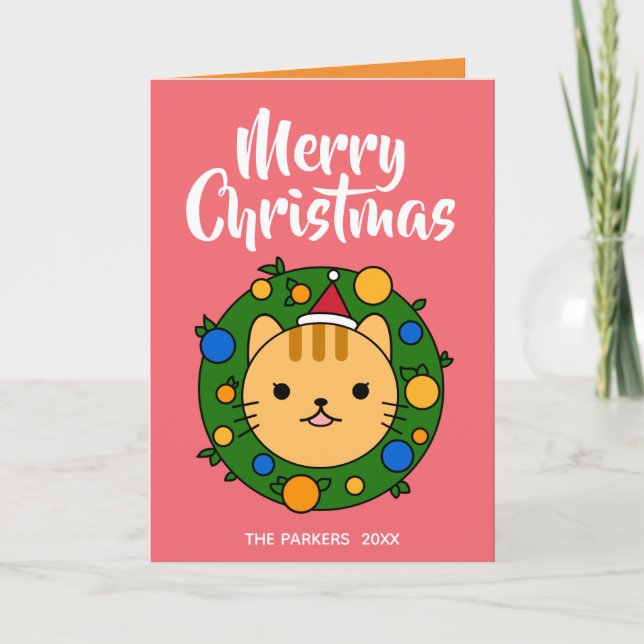 Orange Cat Wreath Pink | Merry Christmas Photo Holiday Card (Front)