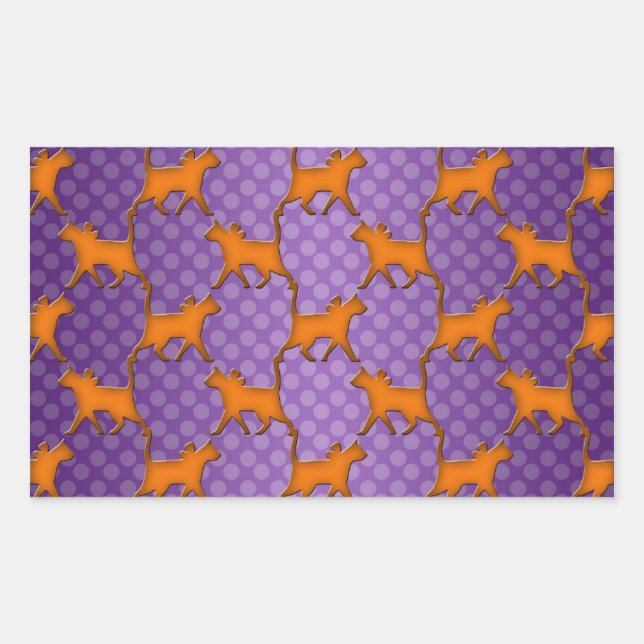 Orange Cats Pattern on Purple Polka Dots Rectangular Sticker (Front)