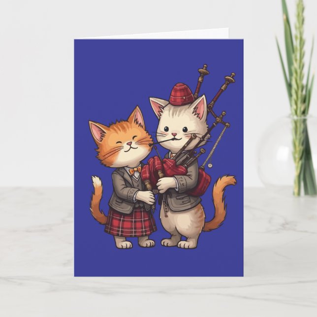 Orange Cats Playing Bagpipes and Wearing Plaid Holiday Card (Front)