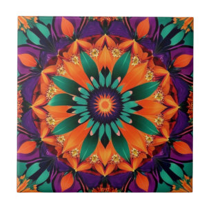 Orange Centred Teal Flower Tile