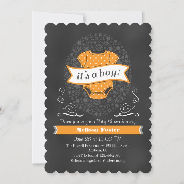 Orange Chalkboard Boy Baby Shower Invite (Front)