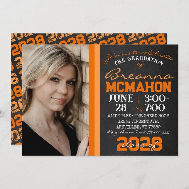 Orange Chalkboard Graduation Photo Invitation ( Repeating Class Year 1 & 2 Photo Graduation Invitations & Announcements)