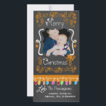 Orange Chalkboard Merry Christmas Photo Card<br><div class="desc">Merry Christmas holiday photo cards with a chalkboard look background,  lots of orange swirls and text that reads Merry Christmas,  a string of colourful tree lights in various colours,  orange hanging ornaments,  and areas you can customise these beautiful and bright holiday photo cards with your photo and names!</div>