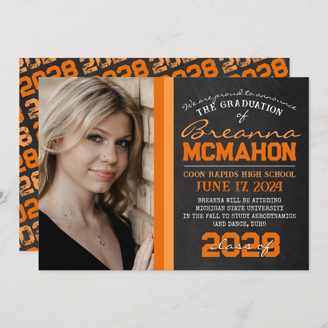 Orange Chalkboard Photo Graduation Announcement (Repeating Class Year 1 & 2 Photo Graduation Invitations & Announcements)