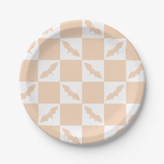 Orange Check Design with Flying Bats Paper Plate (Front)