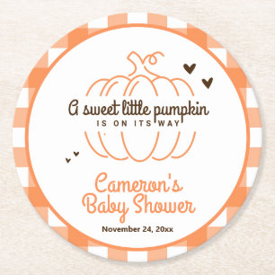 Orange Check Plaid Little Pumpkin Fall Baby Shower Round Paper Coaster