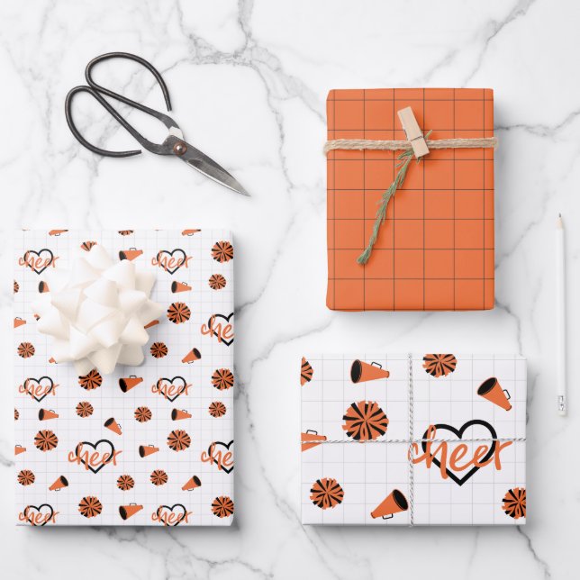 Orange Cheer Hearts, Pom Poms, Megaphone Pattern Wrapping Paper Sheet (Front)