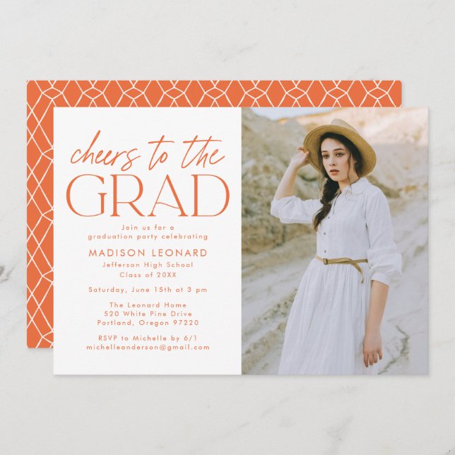 Orange | Cheers to the Grad Photo Graduation Party Invitation (Front/Back)