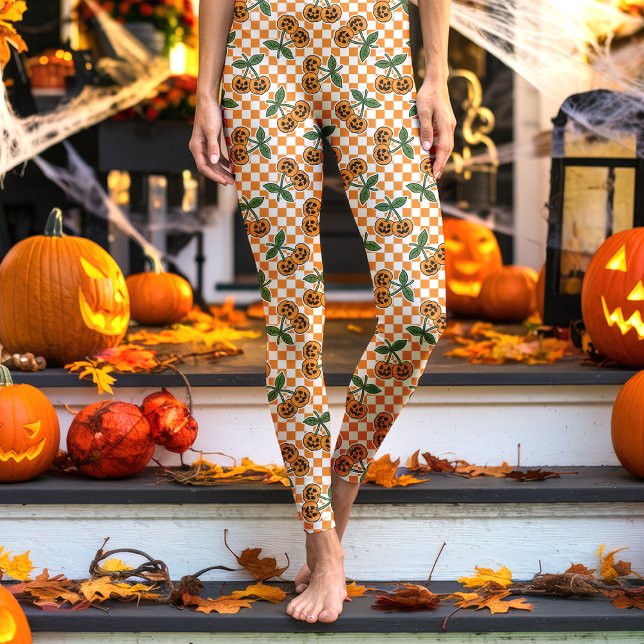 Orange Chequerboard Cherry Pumpkins Pattern Leggings (Creator Uploaded)