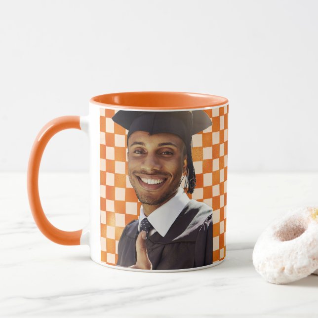 Orange Chequered Custom Portrait Men Graduation Mug (With Donut)