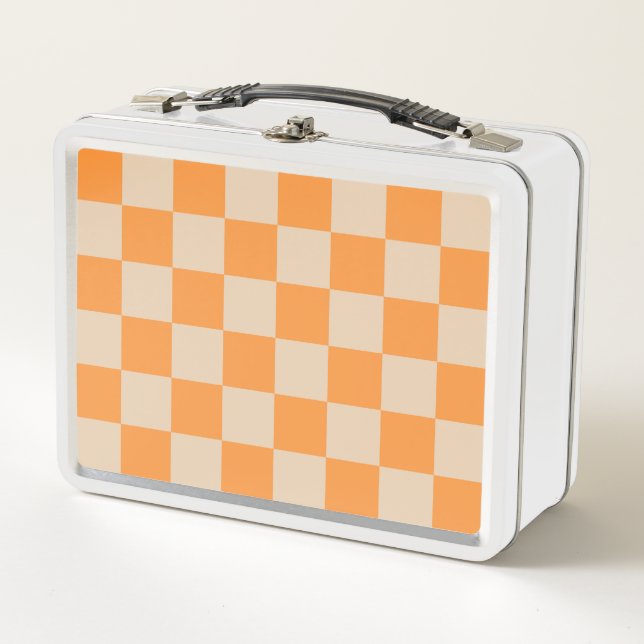 Orange Chequered Gingham Pattern Metal Lunch Box (Front)