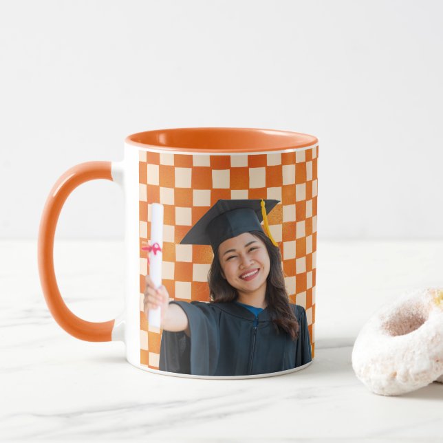 Orange Chequered Personalised Portrait Graduation Mug (With Donut)